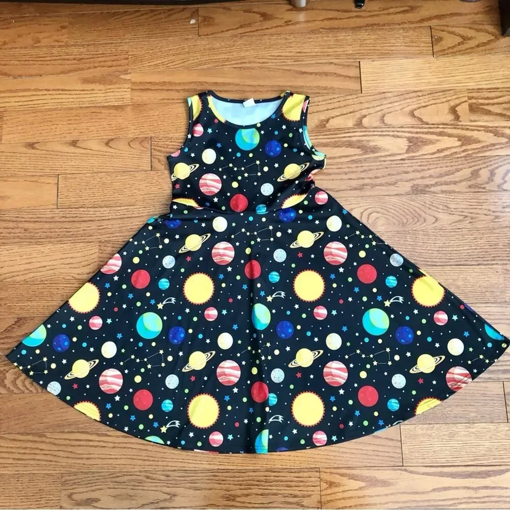 Funnycokid Planets Astronomy Print A-Line Skater Black Dress Girl’s Size XL